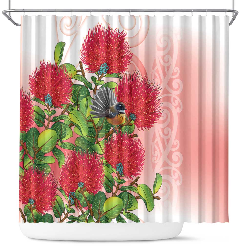 New Zealand Fantail Shower Curtain Maori Koru With Pohutukawa Flowers LT05 Red - Polynesian Pride