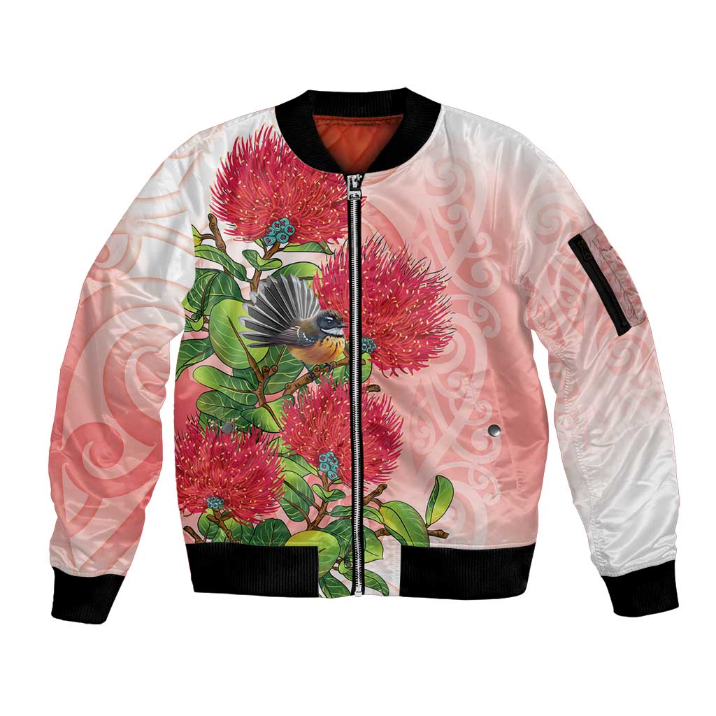 New Zealand Fantail Sleeve Zip Bomber Jacket Maori Koru With Pohutukawa Flowers - Polynesian Pride