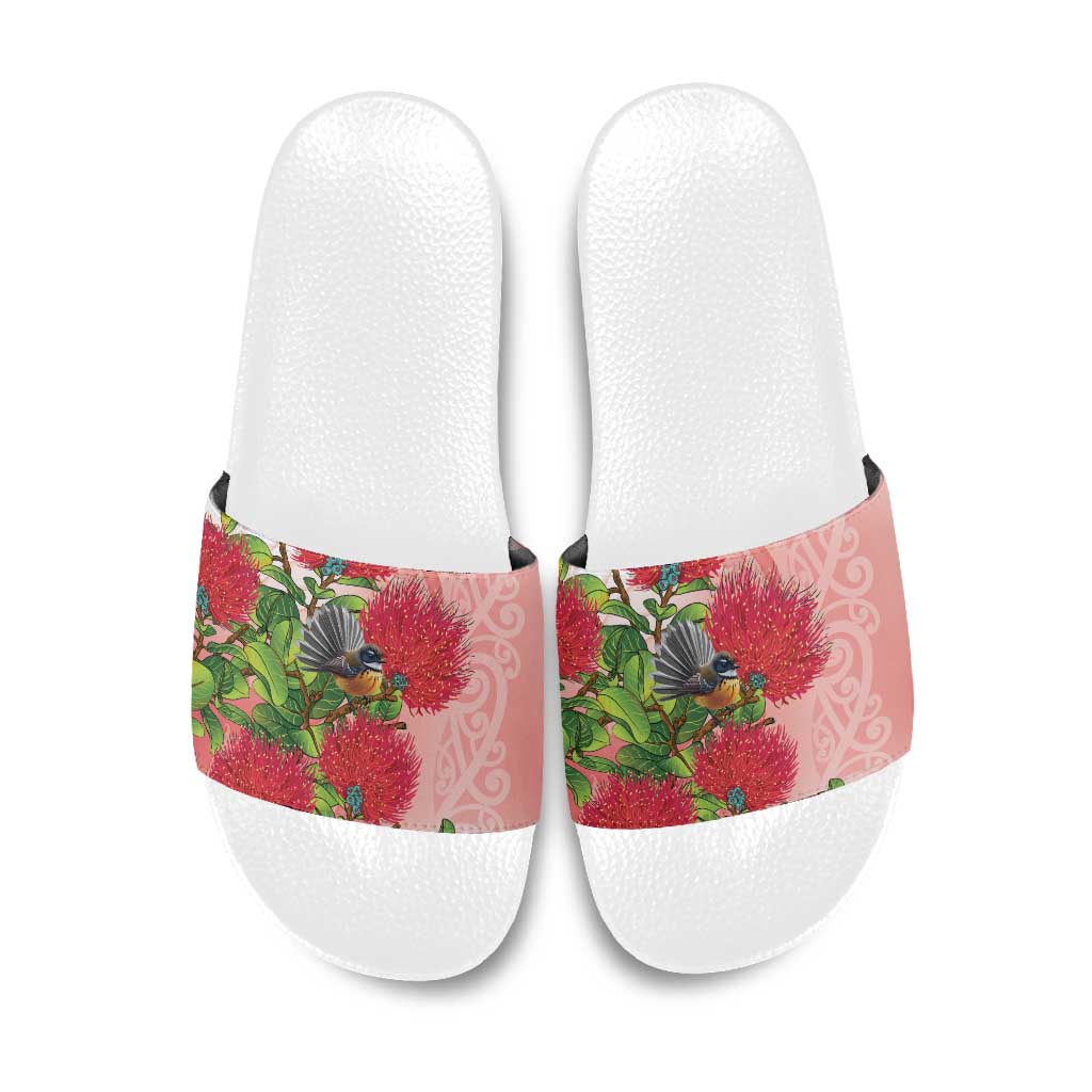 New Zealand Fantail Slide Sandals Maori Koru With Pohutukawa Flowers - Polynesian Pride