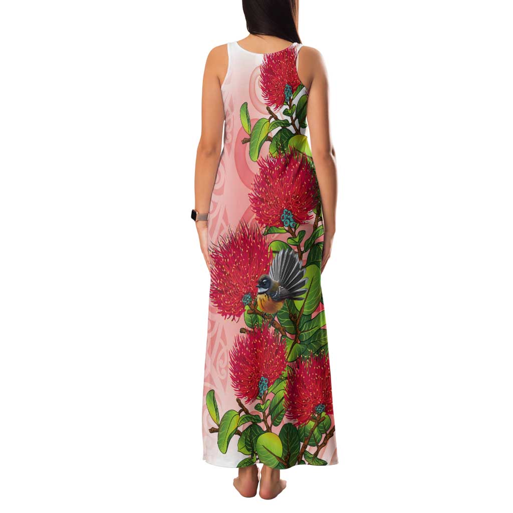 New Zealand Fantail Tank Maxi Dress Maori Koru With Pohutukawa Flowers - Polynesian Pride