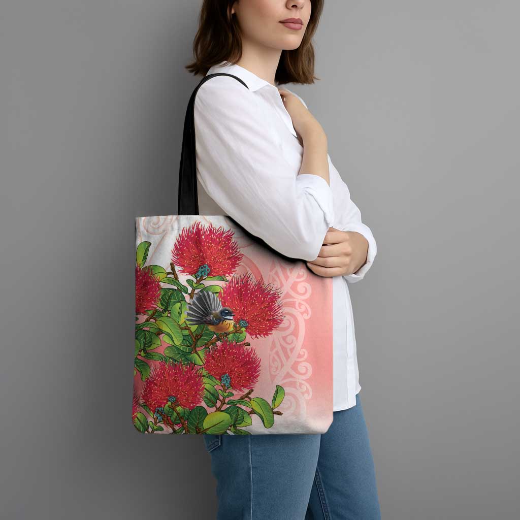 New Zealand Fantail Tote Bag Maori Koru With Pohutukawa Flowers - Polynesian Pride