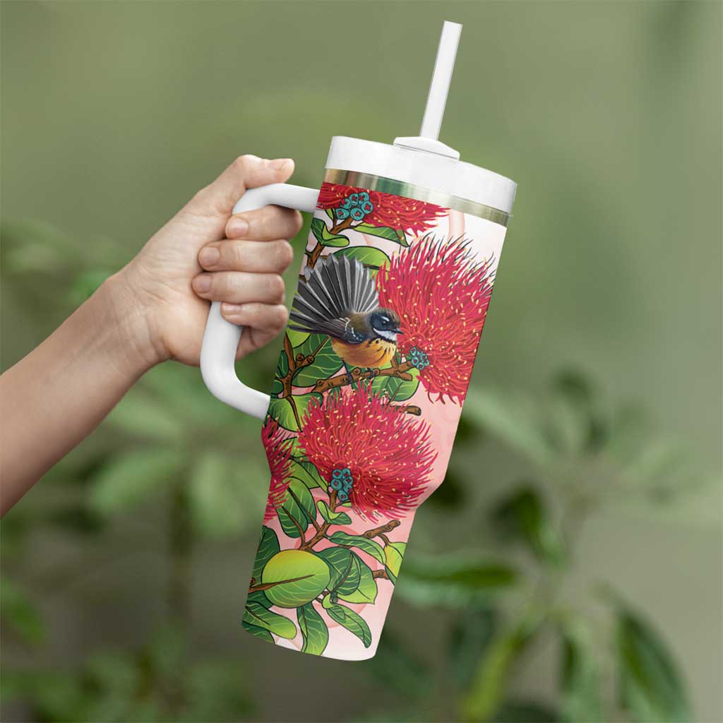 New Zealand Fantail Tumbler With Handle Maori Koru With Pohutukawa Flowers - Polynesian Pride