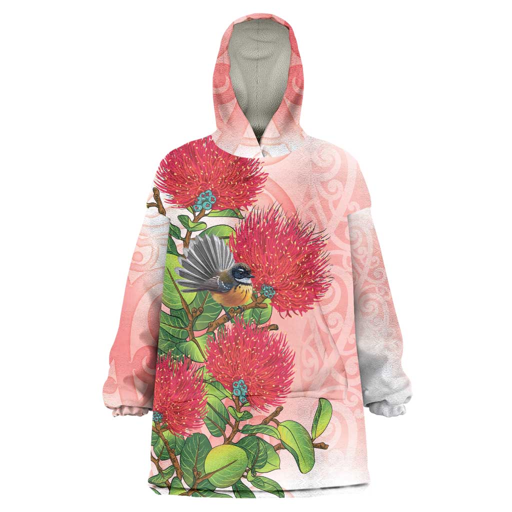 New Zealand Fantail Wearable Blanket Hoodie Maori Koru With Pohutukawa Flowers LT05 One Size Red - Polynesian Pride