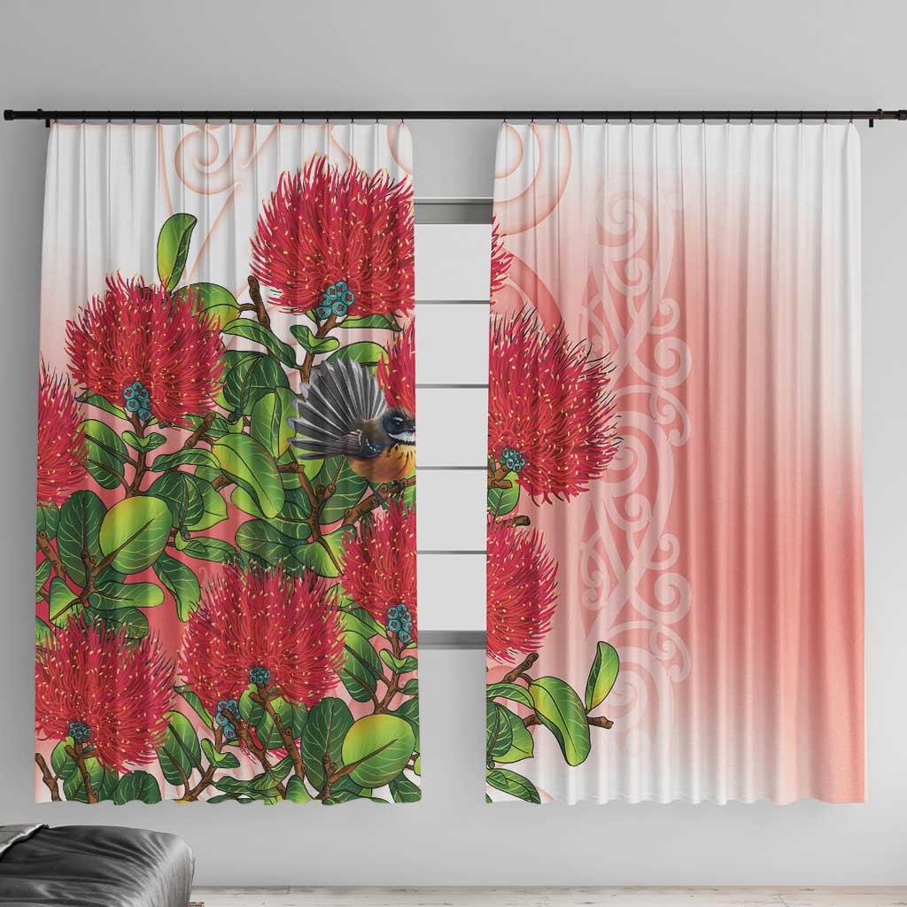 New Zealand Fantail Window Curtain Maori Koru With Pohutukawa Flowers - Polynesian Pride
