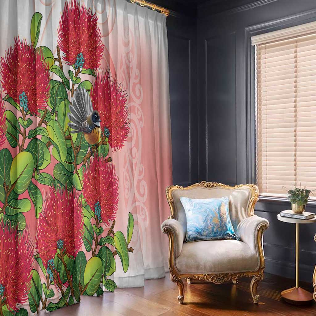 New Zealand Fantail Window Curtain Maori Koru With Pohutukawa Flowers - Polynesian Pride