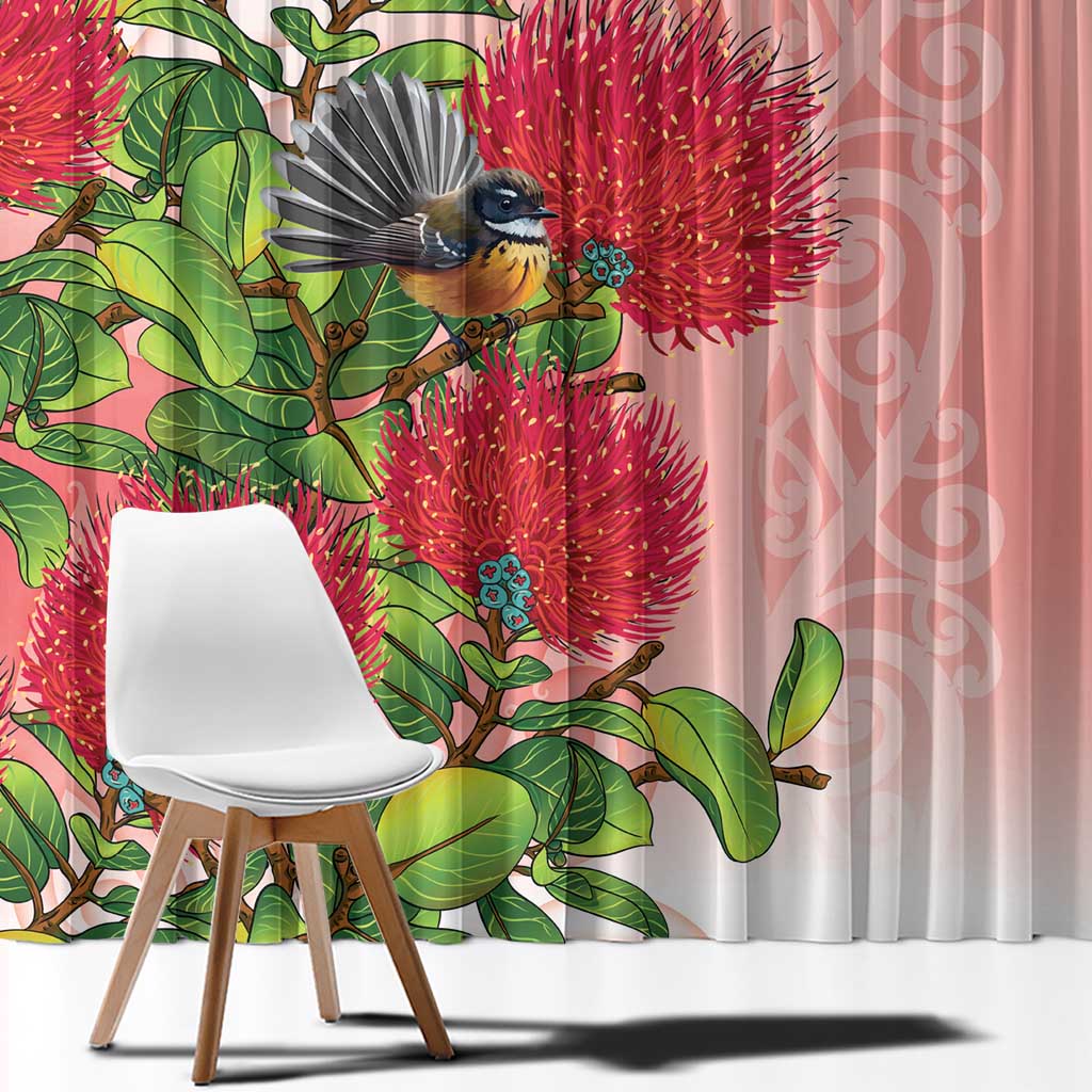 New Zealand Fantail Window Curtain Maori Koru With Pohutukawa Flowers - Polynesian Pride