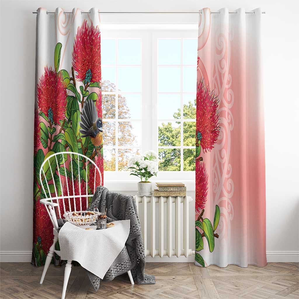 New Zealand Fantail Window Curtain Maori Koru With Pohutukawa Flowers - Polynesian Pride