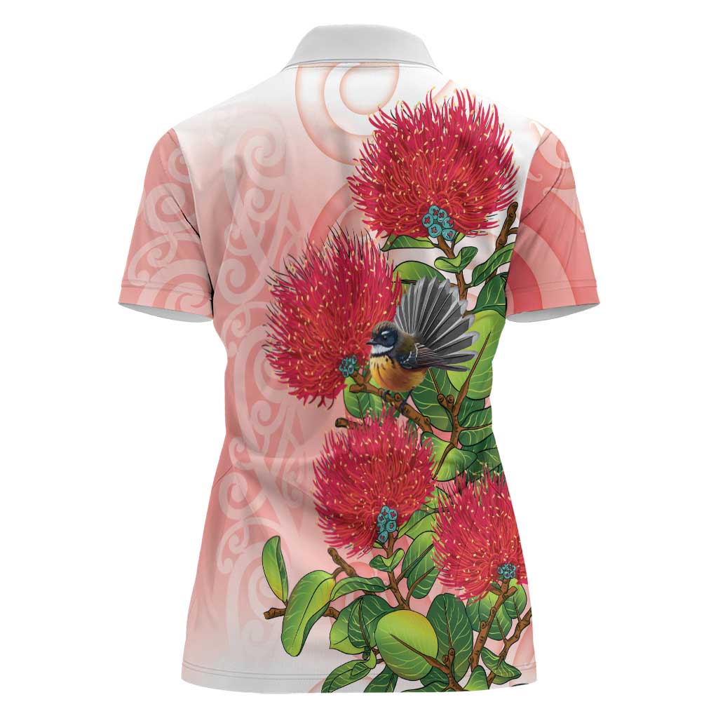 New Zealand Fantail Women Polo Shirt Maori Koru With Pohutukawa Flowers LT05 - Polynesian Pride