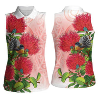 New Zealand Fantail Women Sleeveless Polo Shirt Maori Koru With Pohutukawa Flowers LT05 - Polynesian Pride