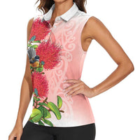 New Zealand Fantail Women Sleeveless Polo Shirt Maori Koru With Pohutukawa Flowers LT05 - Polynesian Pride