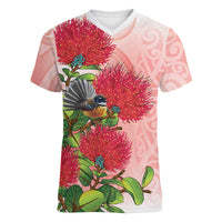 New Zealand Fantail Women V-Neck T-Shirt Maori Koru With Pohutukawa Flowers LT05 Female Red - Polynesian Pride