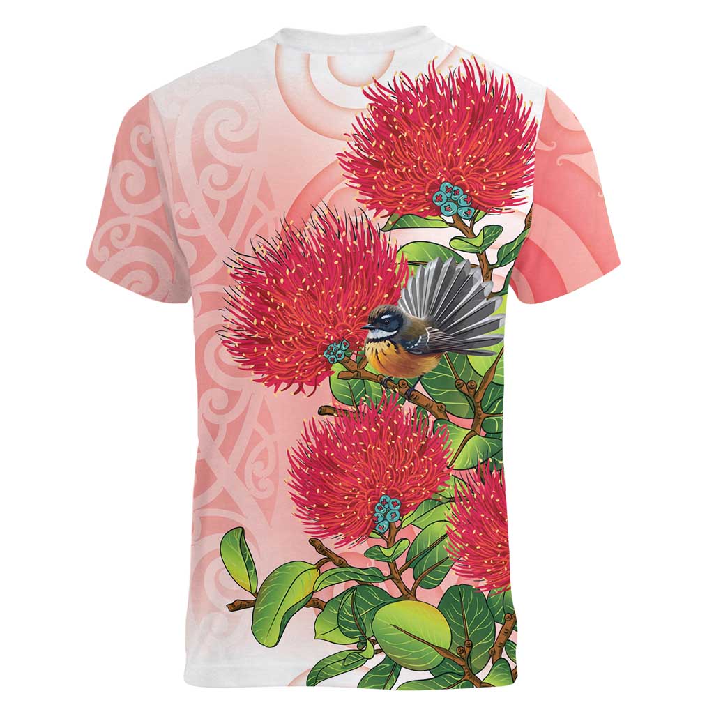 New Zealand Fantail Women V-Neck T-Shirt Maori Koru With Pohutukawa Flowers LT05 - Polynesian Pride