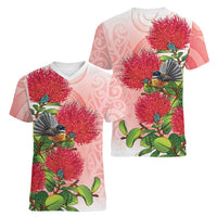 New Zealand Fantail Women V-Neck T-Shirt Maori Koru With Pohutukawa Flowers LT05 - Polynesian Pride