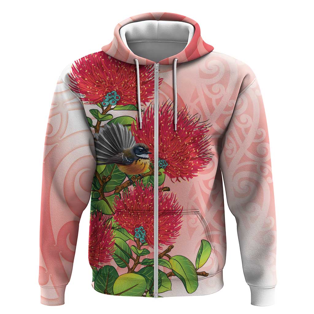 New Zealand Fantail Zip Hoodie Maori Koru With Pohutukawa Flowers LT05 Zip Hoodie Red - Polynesian Pride