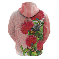 New Zealand Fantail Zip Hoodie Maori Koru With Pohutukawa Flowers LT05 - Polynesian Pride