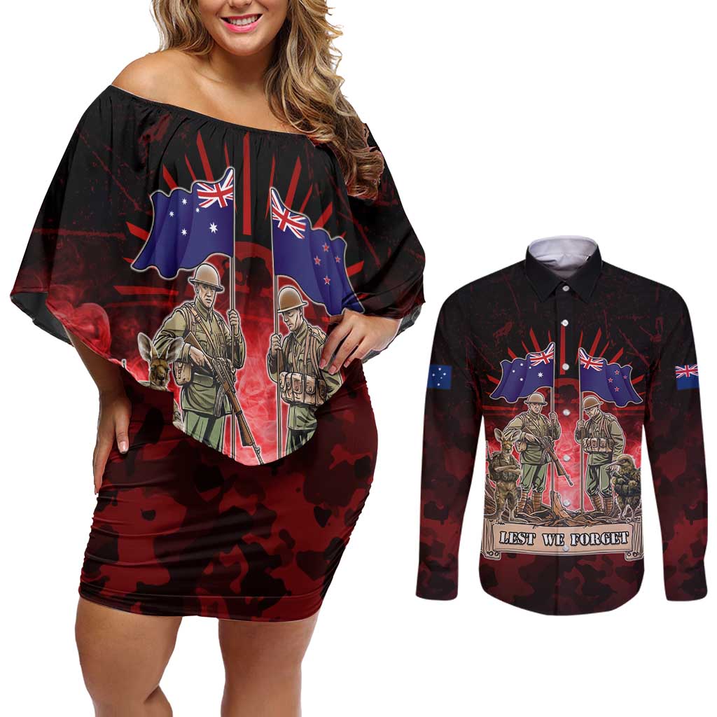 Australia And New Zealand ANZAC Day Couples Matching Off Shoulder Short Dress and Long Sleeve Button Shirt Soldiers Lest We Forget