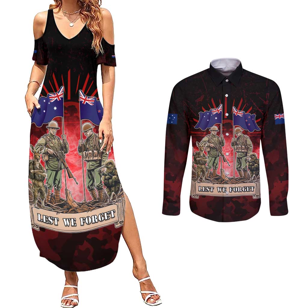 Australia And New Zealand ANZAC Day Couples Matching Summer Maxi Dress and Long Sleeve Button Shirt Soldiers Lest We Forget