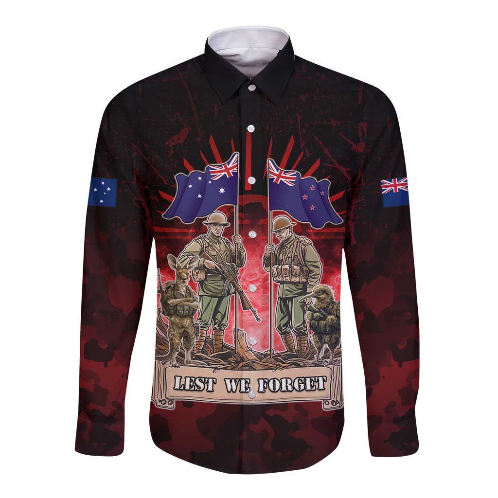 Australia And New Zealand ANZAC Day Long Sleeve Button Shirt Soldiers Lest We Forget