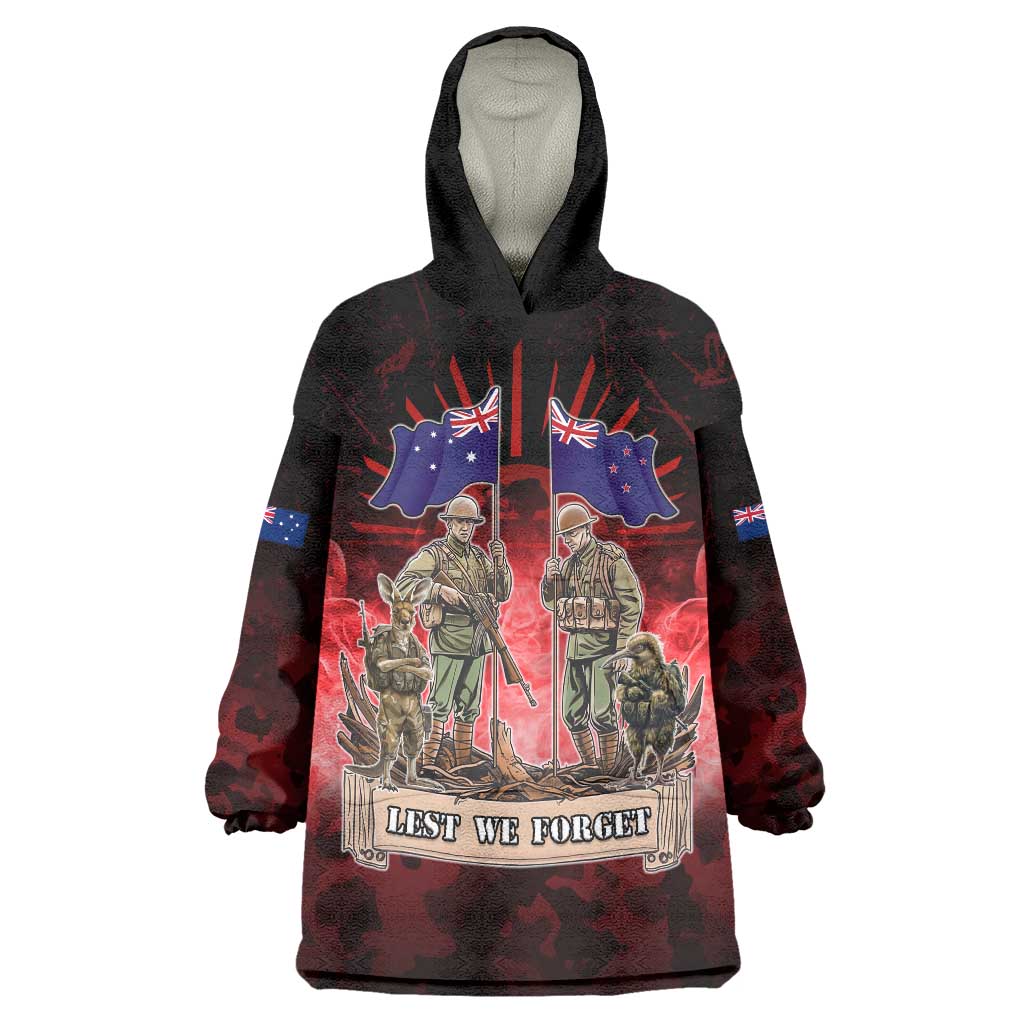 Australia And New Zealand ANZAC Day Wearable Blanket Hoodie Soldiers Lest We Forget