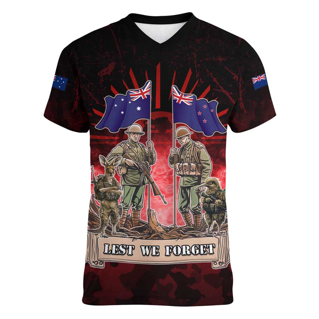 Australia And New Zealand ANZAC Day Women V-Neck T-Shirt Soldiers Lest We Forget