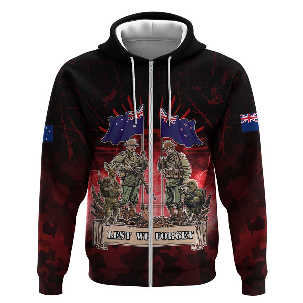 Australia And New Zealand ANZAC Day Zip Hoodie Soldiers Lest We Forget