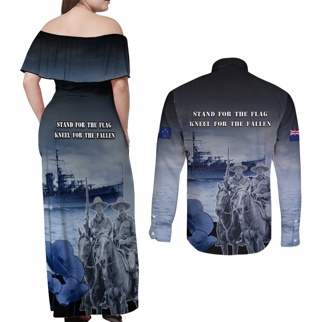 New Zealand ANZAC Day Couples Matching Off Shoulder Maxi Dress and Long Sleeve Button Shirt HMNZS Achilles We Will Remember Them LT05 - Polynesian Pride