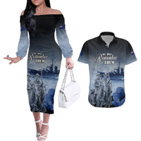 New Zealand ANZAC Day Couples Matching Off The Shoulder Long Sleeve Dress and Hawaiian Shirt HMNZS Achilles We Will Remember Them LT05 Blue - Polynesian Pride
