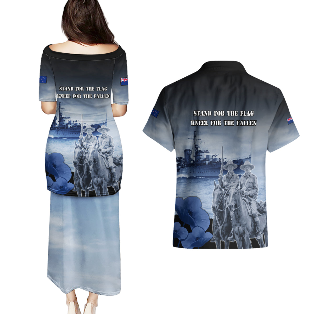 New Zealand ANZAC Day Couples Matching Puletasi and Hawaiian Shirt HMNZS Achilles We Will Remember Them LT05 - Polynesian Pride