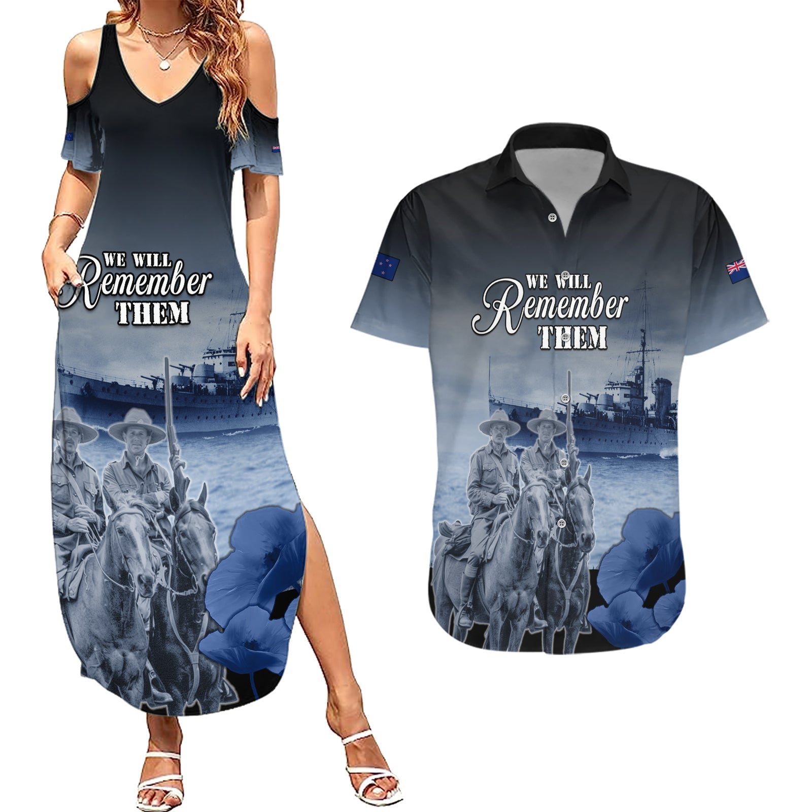 New Zealand ANZAC Day Couples Matching Summer Maxi Dress and Hawaiian Shirt HMNZS Achilles We Will Remember Them LT05 Blue - Polynesian Pride
