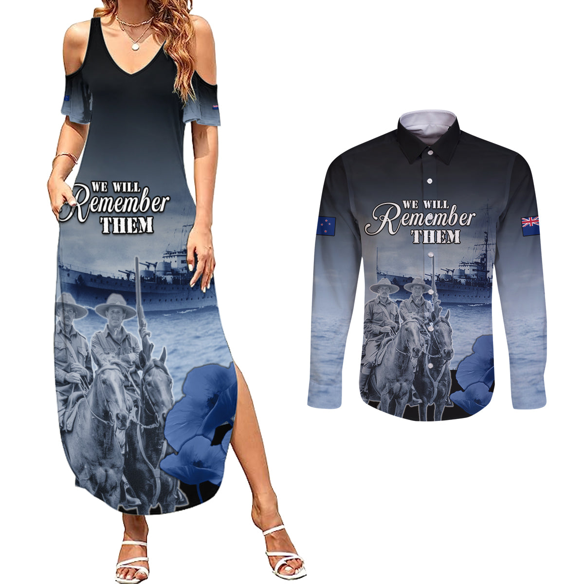New Zealand ANZAC Day Couples Matching Summer Maxi Dress and Long Sleeve Button Shirt HMNZS Achilles We Will Remember Them LT05 Blue - Polynesian Pride