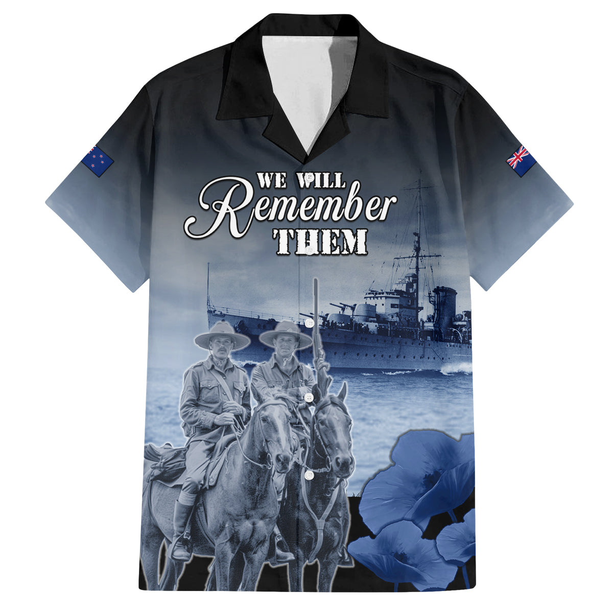 New Zealand ANZAC Day Family Matching Tank Maxi Dress and Hawaiian Shirt HMNZS Achilles We Will Remember Them LT05 Dad's Shirt - Short Sleeve Blue - Polynesian Pride
