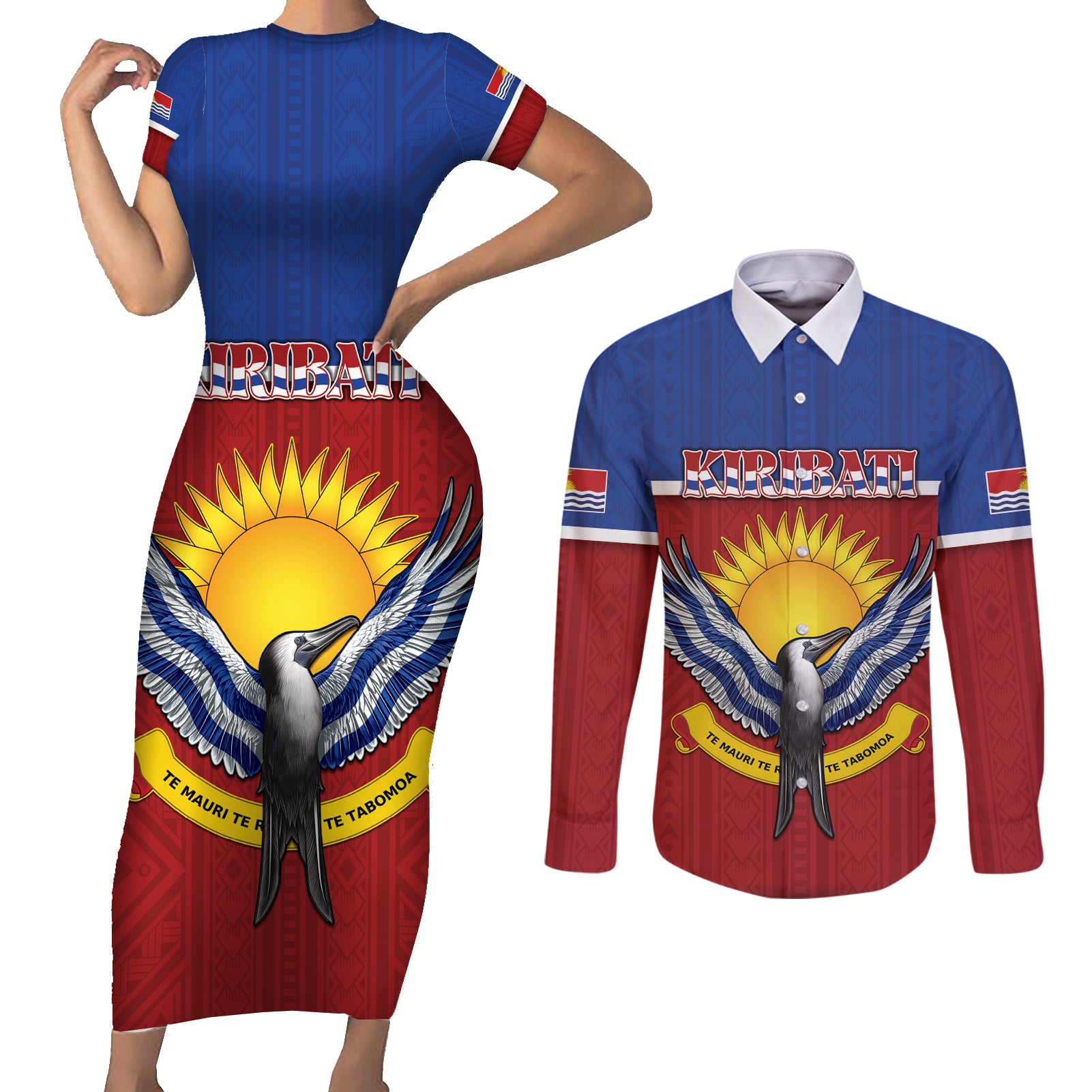 Kiribati 45th Independence Day Couples Matching Short Sleeve Bodycon Dress and Long Sleeve Button Shirt Lesser Frigatebird Tribal Pattern