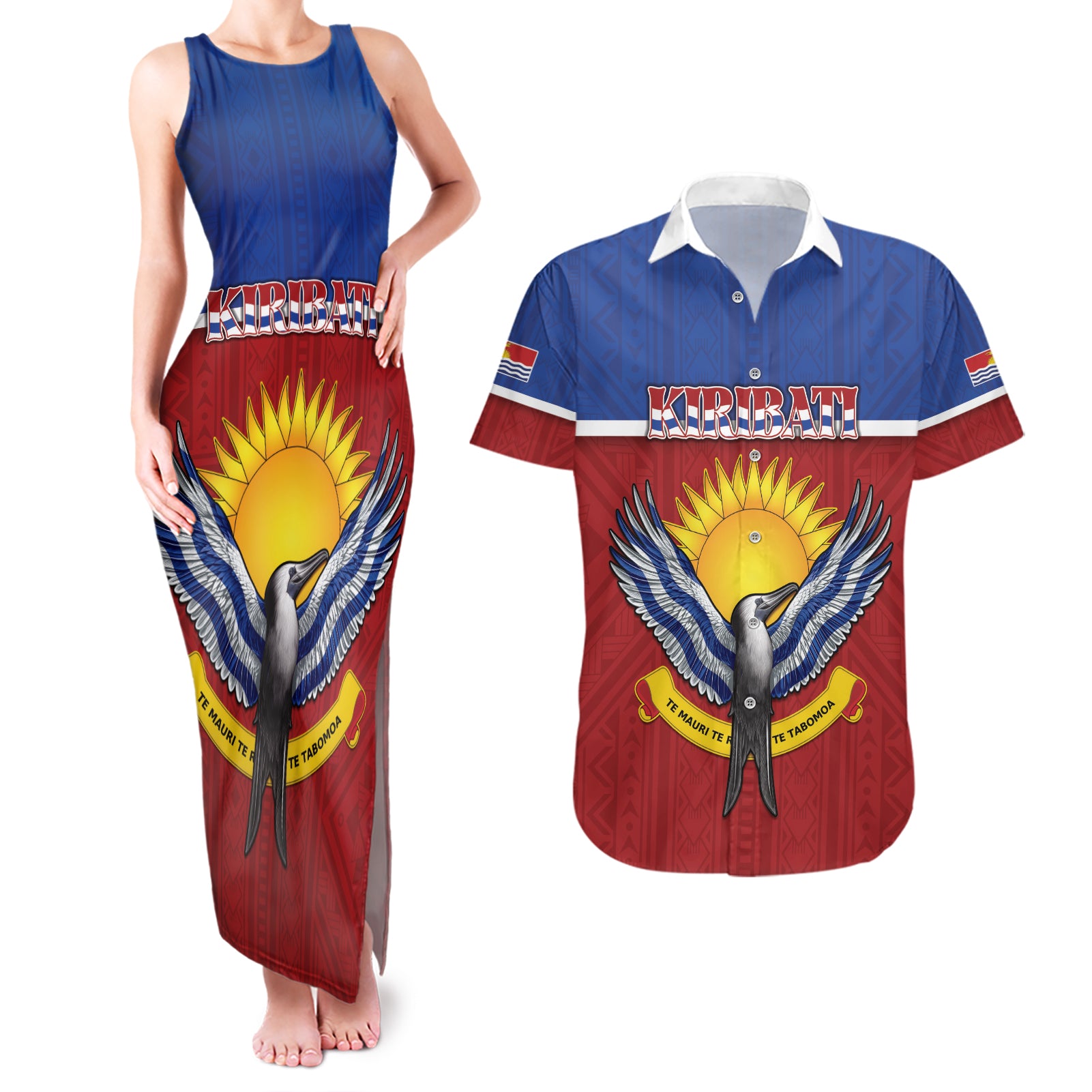 Kiribati 45th Independence Day Couples Matching Tank Maxi Dress and Hawaiian Shirt Lesser Frigatebird Tribal Pattern