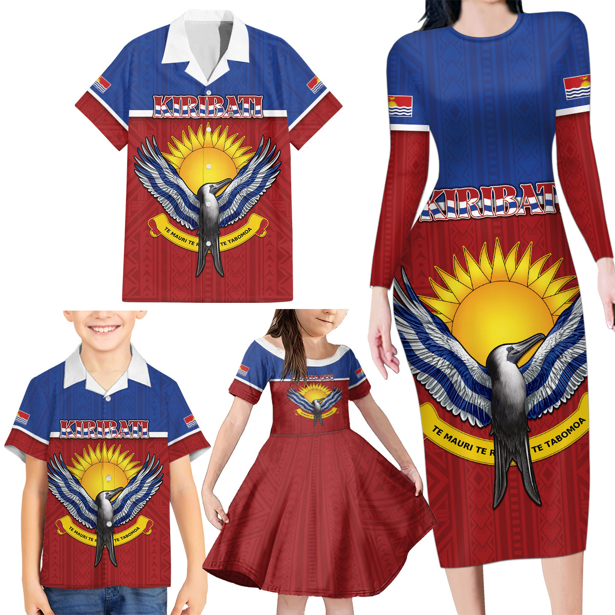 Kiribati 45th Independence Day Family Matching Long Sleeve Bodycon Dress and Hawaiian Shirt Lesser Frigatebird Tribal Pattern