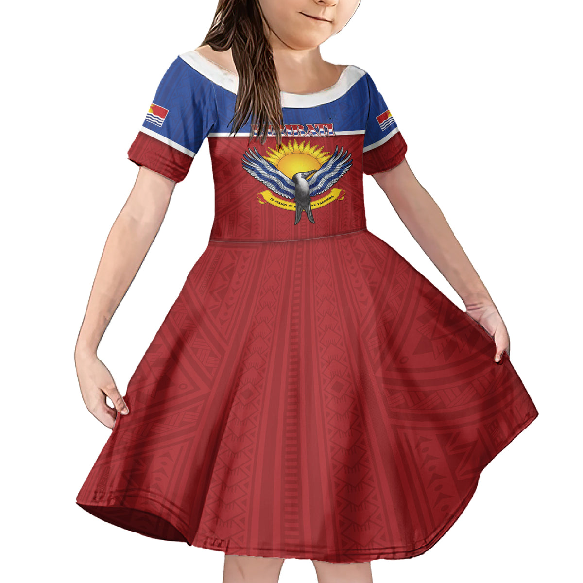 Kiribati 45th Independence Day Family Matching Short Sleeve Bodycon Dress and Hawaiian Shirt Lesser Frigatebird Tribal Pattern LT05 Daughter's Dress Red - Polynesian Pride