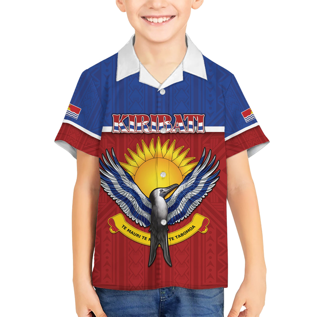 Kiribati 45th Independence Day Family Matching Short Sleeve Bodycon Dress and Hawaiian Shirt Lesser Frigatebird Tribal Pattern LT05 Son's Shirt Red - Polynesian Pride