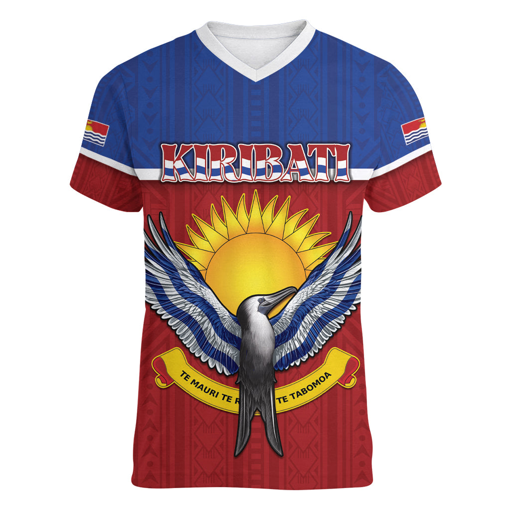 Kiribati 45th Independence Day Women V-Neck T-Shirt Lesser Frigatebird Tribal Pattern