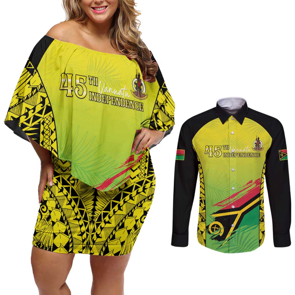 Vanuatu 45th Independence Couples Matching Off Shoulder Short Dress and Long Sleeve Button Shirt Special Style - Polynesian Pride