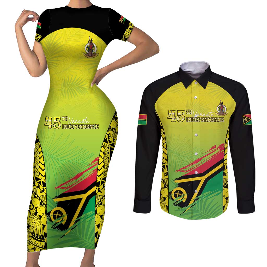 Vanuatu 45th Independence Couples Matching Short Sleeve Bodycon Dress and Long Sleeve Button Shirt Special Style - Polynesian Pride