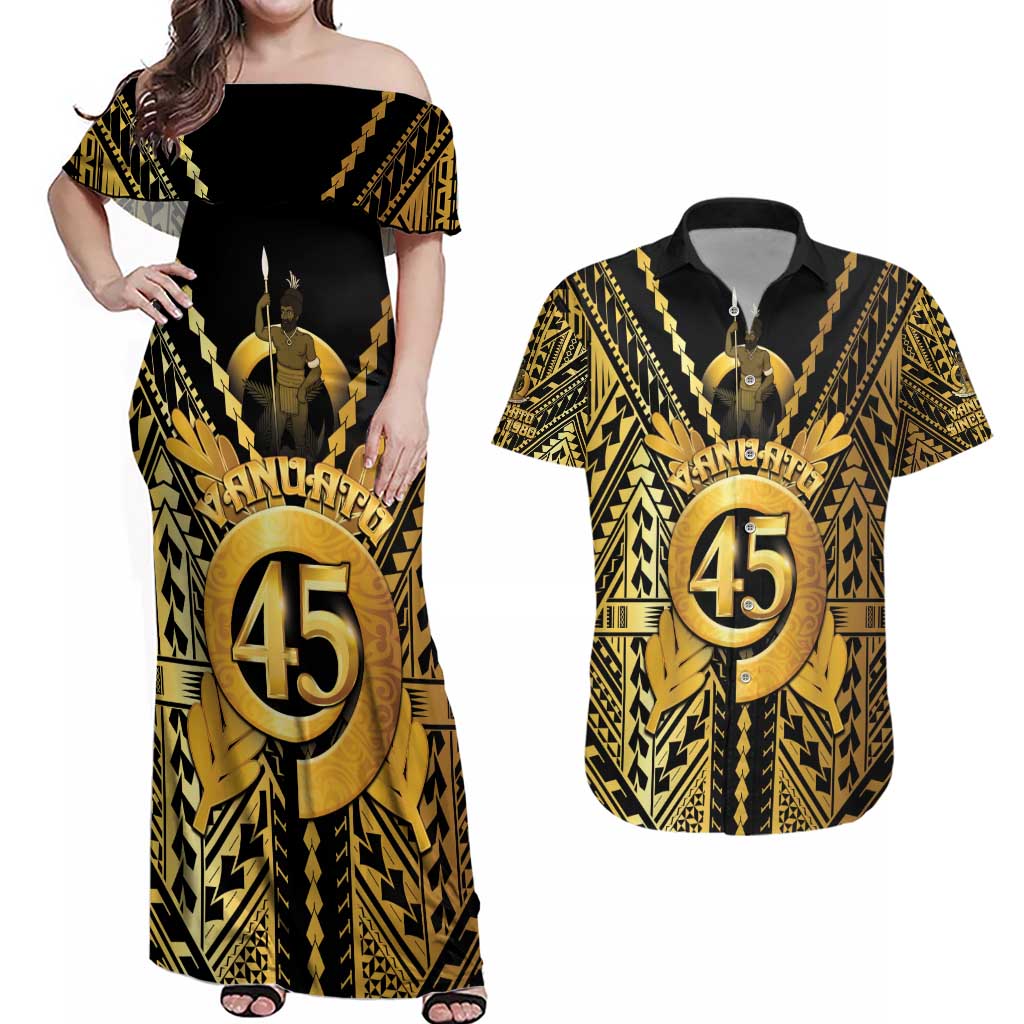 Vanuatu 45th Anniversary Of Independence Couples Matching Off Shoulder Maxi Dress and Hawaiian Shirt Gold Style - Polynesian Pride
