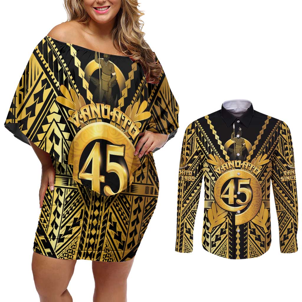 Vanuatu 45th Anniversary Of Independence Couples Matching Off Shoulder Short Dress and Long Sleeve Button Shirt Gold Style - Polynesian Pride