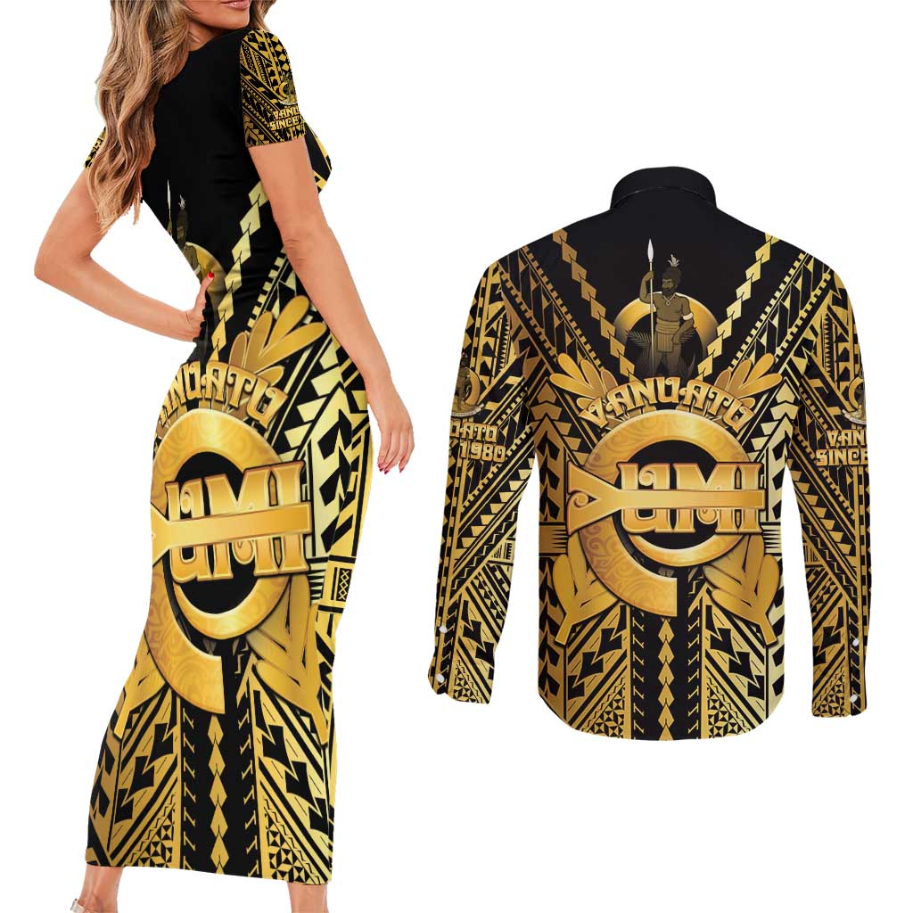 Vanuatu 45th Anniversary Of Independence Couples Matching Short Sleeve Bodycon Dress and Long Sleeve Button Shirt Gold Style - Polynesian Pride