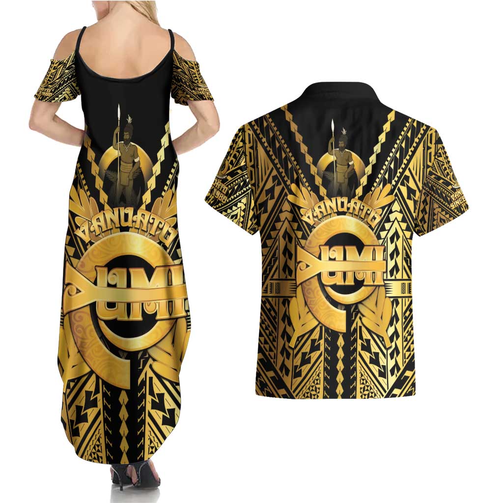 Vanuatu 45th Anniversary Of Independence Couples Matching Summer Maxi Dress and Hawaiian Shirt Gold Style - Polynesian Pride