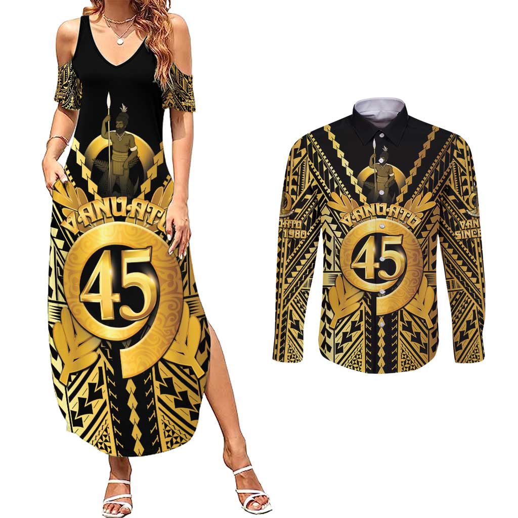 Vanuatu 45th Anniversary Of Independence Couples Matching Summer Maxi Dress and Long Sleeve Button Shirt Gold Style - Polynesian Pride