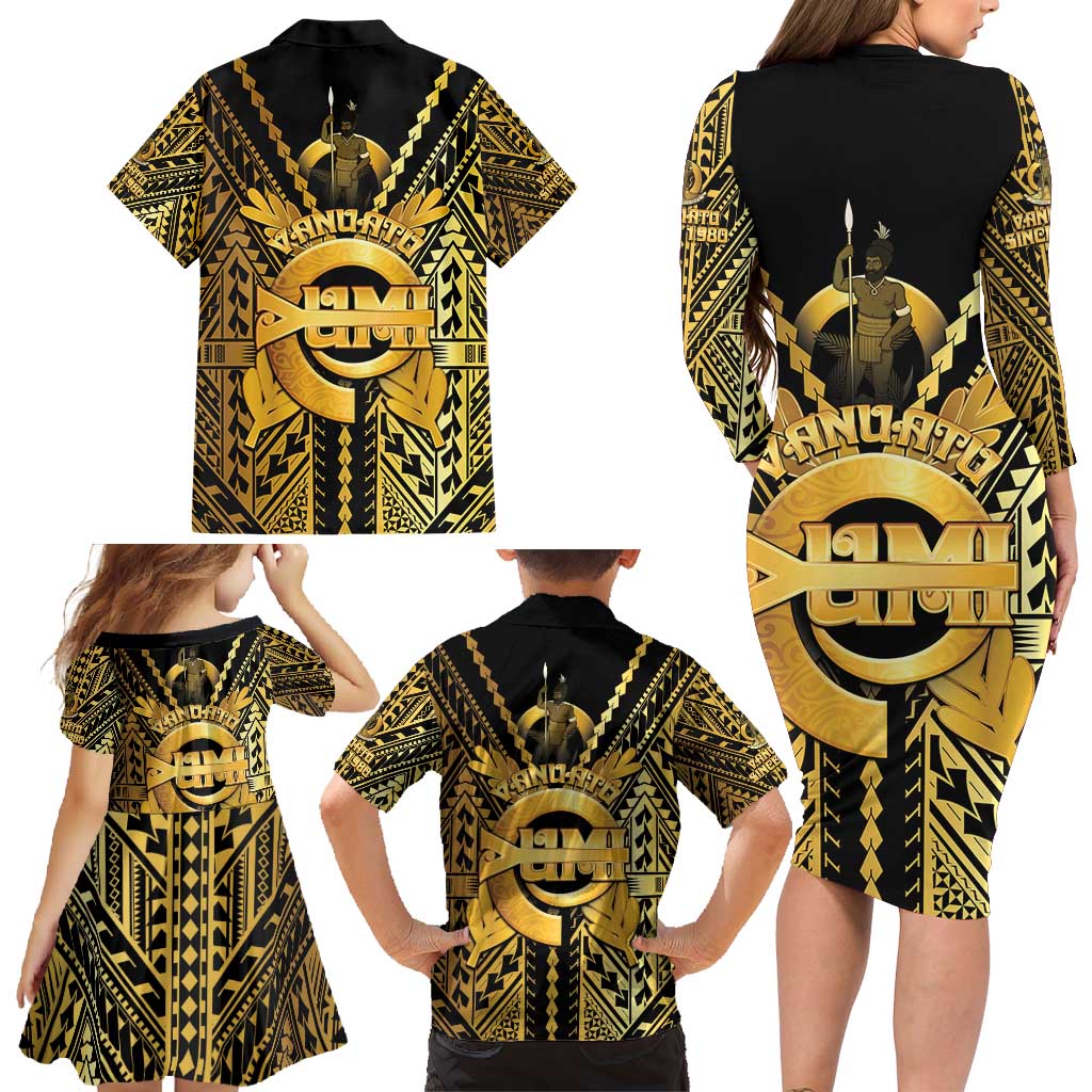 Vanuatu 45th Anniversary Of Independence Family Matching Long Sleeve Bodycon Dress and Hawaiian Shirt Gold Style - Polynesian Pride