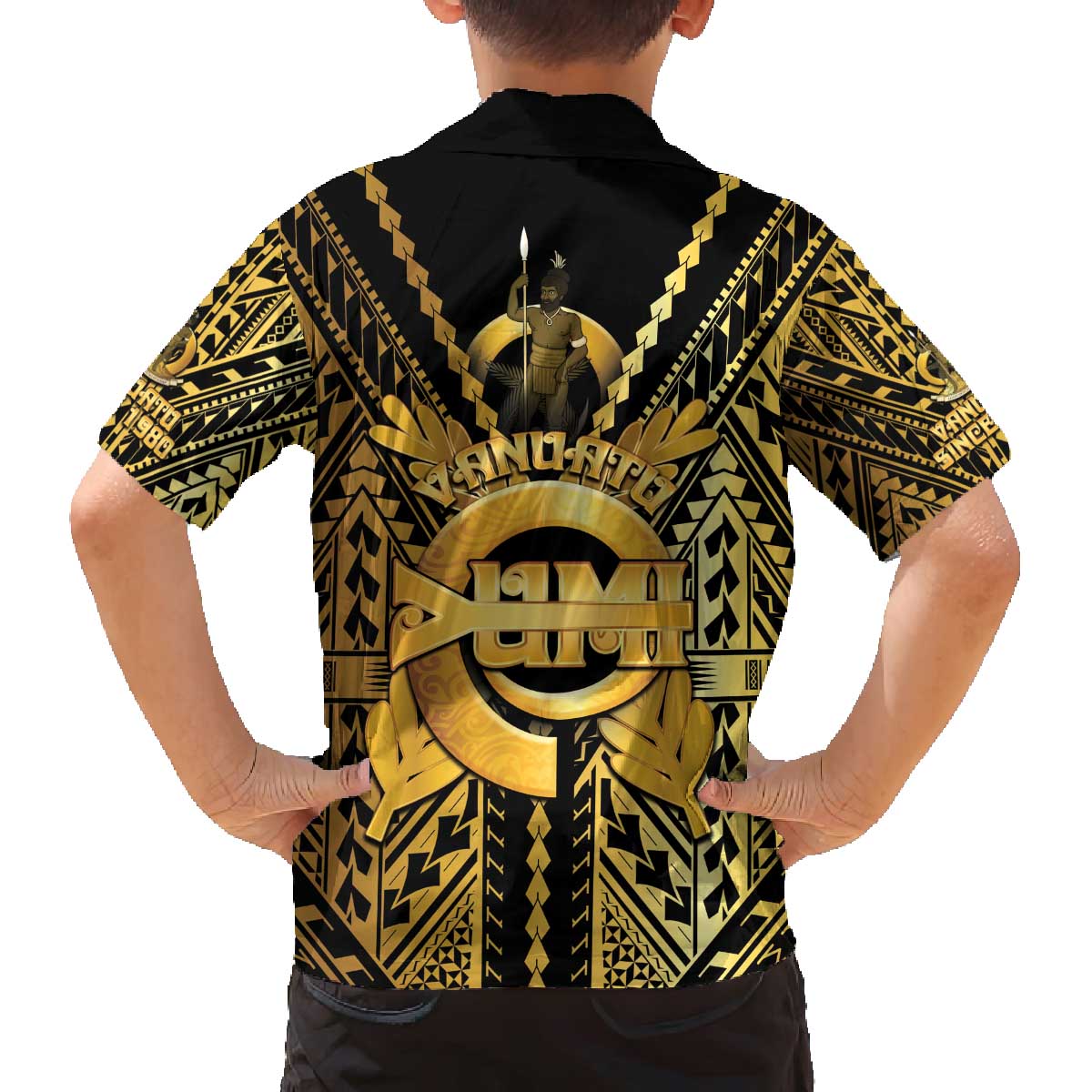 Vanuatu 45th Anniversary Of Independence Family Matching Off The Shoulder Long Sleeve Dress and Hawaiian Shirt Gold Style - Polynesian Pride