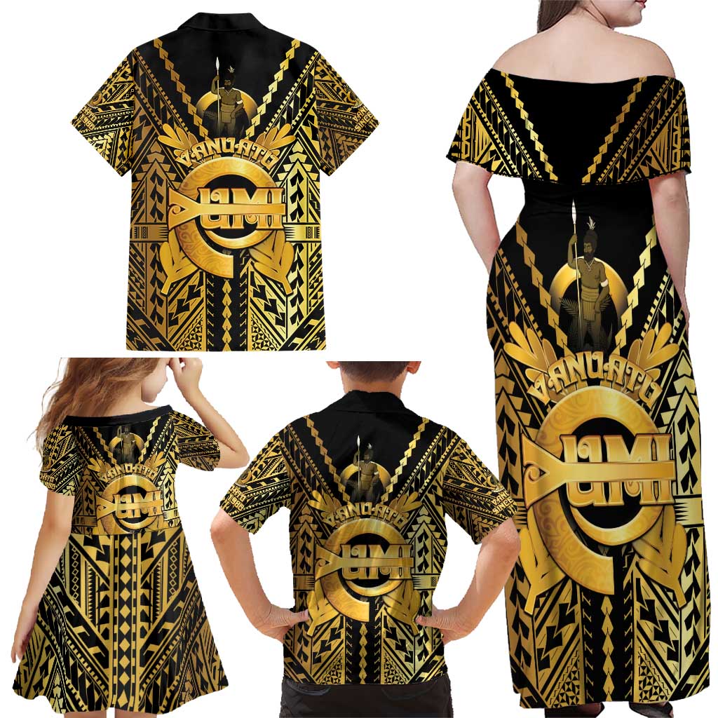 Vanuatu 45th Anniversary Of Independence Family Matching Off Shoulder Maxi Dress and Hawaiian Shirt Gold Style - Polynesian Pride