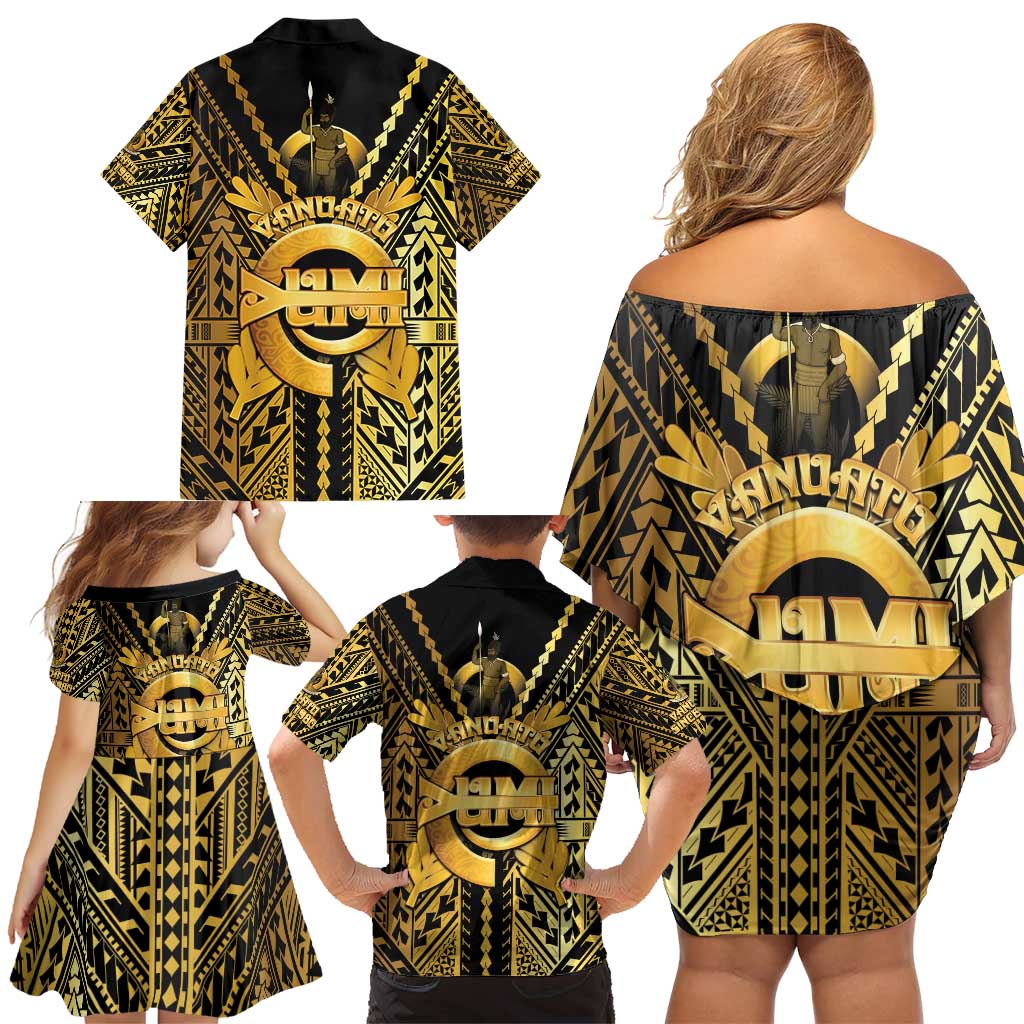 Vanuatu 45th Anniversary Of Independence Family Matching Off Shoulder Short Dress and Hawaiian Shirt Gold Style - Polynesian Pride
