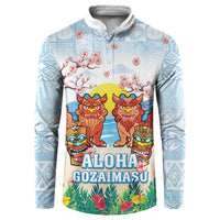 Hawaii And Japan Okinawa Button Sweatshirt Aloha Gozaimasu Tiki With Shisa