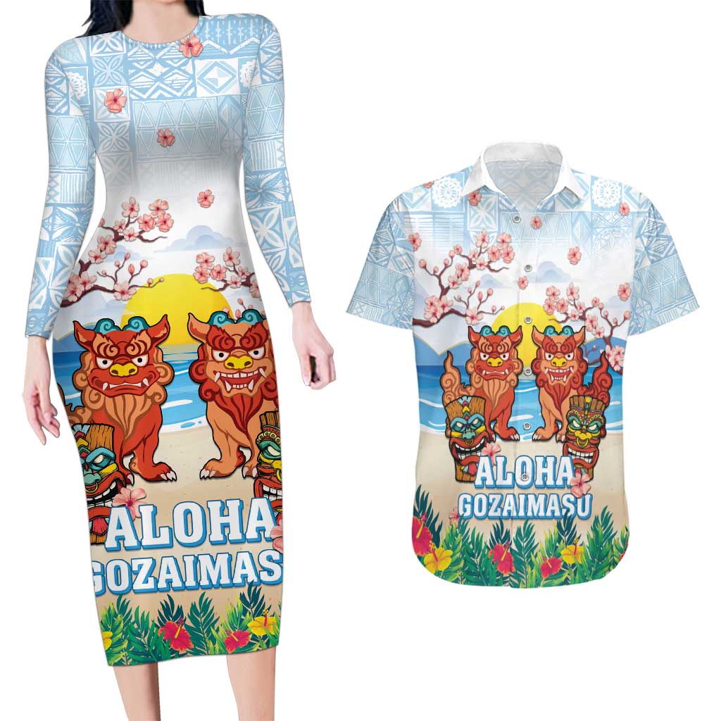 Hawaii And Japan Okinawa Couples Matching Long Sleeve Bodycon Dress and Hawaiian Shirt Aloha Gozaimasu Tiki With Shisa